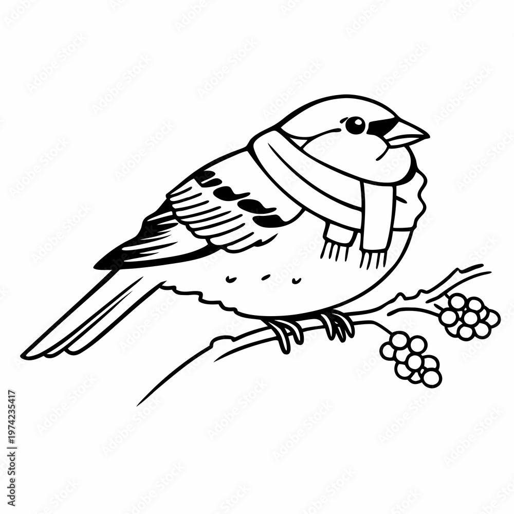 Fototapeta premium Sparrow wearing scarf, winter theme outline, white background