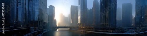Cityscape at Dawn: The image presents a breathtaking cityscape at dawn, where a river snakes through a canyon of modern buildings, bathed in soft, diffused light, evoking a sense of tranquility.