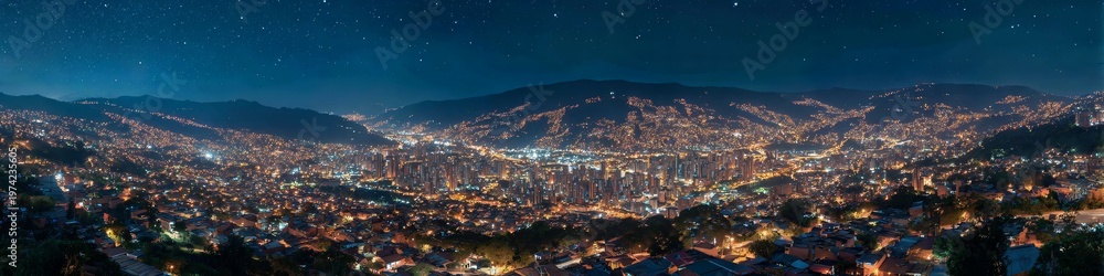 Obraz premium City lights panorama at night: A stunning panoramic view of a city illuminated at night, where shimmering lights paint the cityscape against a backdrop of dark hills and an expansive night sky.