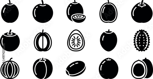 Black and white of various fruits apple mango guava