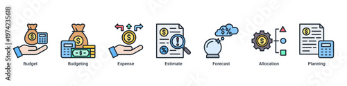 Budget Planning web banner icon vector illustration with icons of Budget,Budgeting,Expense,Estimate,Forecast,Allocation and Planning