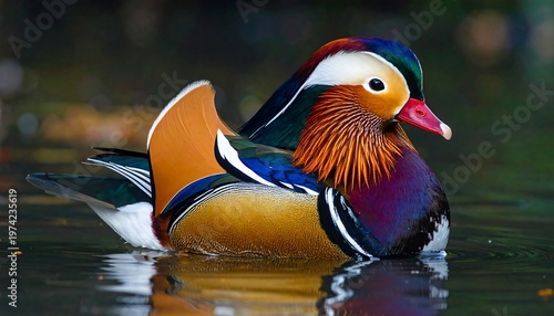 A vibrant duck with colorful feathers swims on calm water