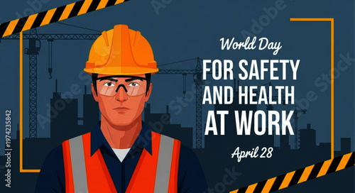 World Day for Safety and Health at Work Banner with Worker Vector
