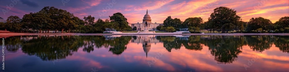 Obraz premium Sunset Reflection over Temple: A serene scene unfolds as a majestic temple stands reflected in the calm waters of a lake, framed by a vibrant sunset sky.