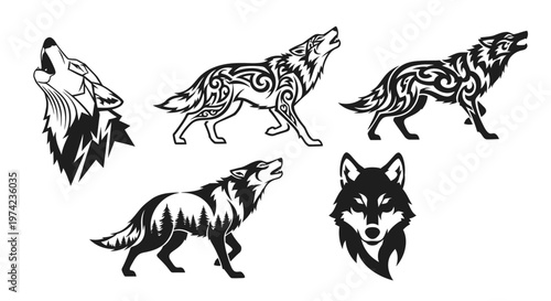 Black and white wolf illustrations pack.