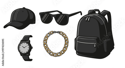 Black backpack and travel accessories.