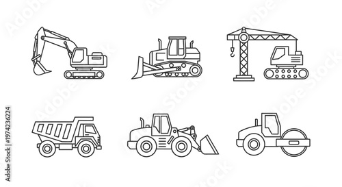 Construction vehicles and heavy machinery icons.