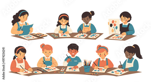 Diverse group of children painting.