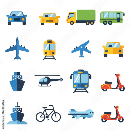 Diverse Transportation Icons: Cars, Planes, Trains, Boats, Bikes, Scooters, Trucks, Buses