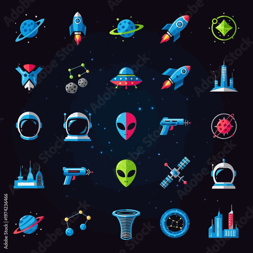 Space Icons Set: Planets, Rockets, Aliens, Astronauts, UFOs, Satellites, and More