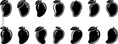 Black and white of various mango fruits silhouettes white background