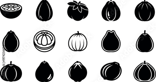 Black and white of various pears and fruits fruit pear black and white fruit silhouettes