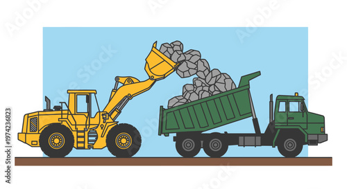 Heavy machinery transporting rocks.