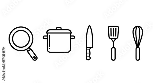 Kitchen Cooking Utensils and Tools Line Icons.