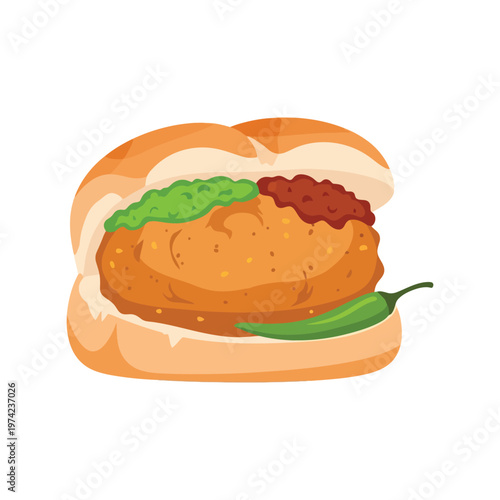 Indian vada pav vector illustration with chutney and chili isolated on white background