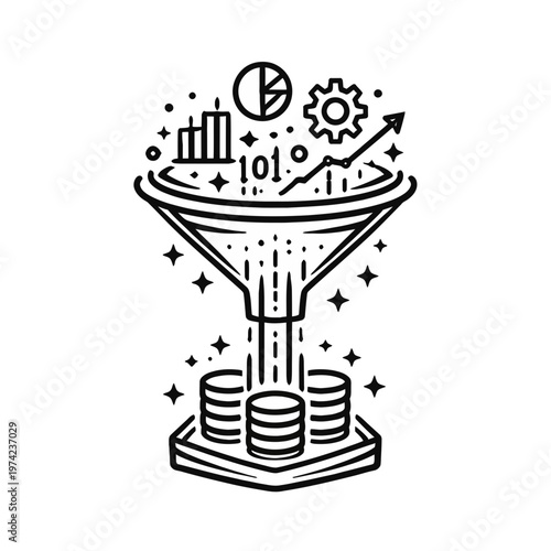 Conceptual line icon showing data funnel processing, from raw information through analytics and conversion, generating valuable business insights and financial growth