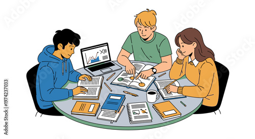 Three students studying at a table.