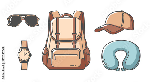 Travel accessories on white background.