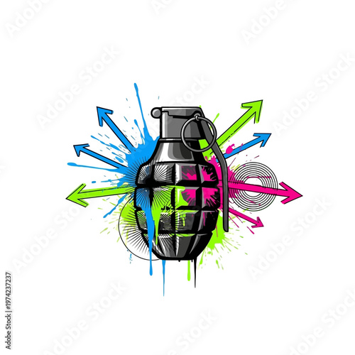 Explosive Grenade with Colorful Splatter and Arrows