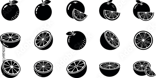 Black and white of whole and sliced citrus fruits apples oranges