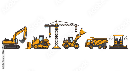 Heavy construction equipment vehicles line up.
