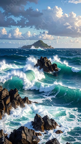 A turbulent ocean scene with waves crashing against rocks