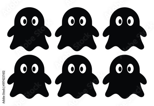 Cute ghost silhouette collection, set of 6 spooky cartoon characters, black halloween ghost icons for festive party decor and graphic design