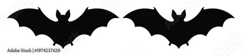Halloween bat silhouettes set of 2 vector icons, black flying bat shapes on white background, spooky animal wing elements for gothic design