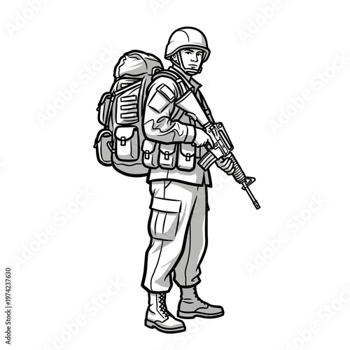 Soldier with Backpack and Rifle, Military Uniform, Ready for Duty