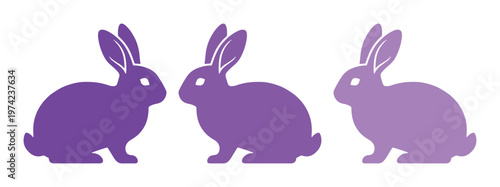 Purple rabbit silhouette icons, set of three bunny vector graphics, minimalist Easter animal silhouettes for spring branding and logo design
