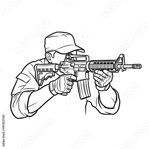 Soldier aiming assault rifle, tactical gear, military action, combat readiness, focused soldier