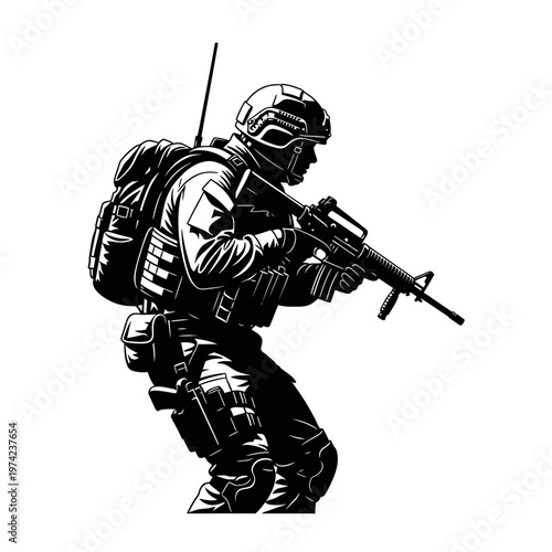 Soldier aiming assault rifle, tactical gear, military action, combat readiness, black and white silhouette