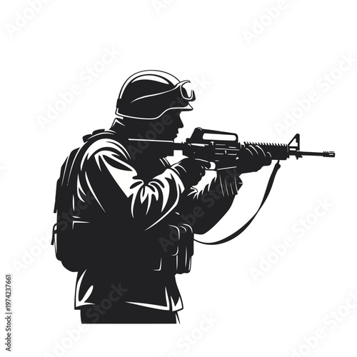 Soldier aiming assault rifle, tactical gear, military uniform, combat readiness, side view