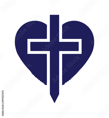 Christian cross with heart symbol vector, navy blue religious crucifix icon, spiritual love and faith emblem for church branding and ministry