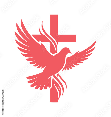 Christian dove and cross vector icon, pink religious bird silhouette, spiritual holy spirit symbol for church branding and easter design