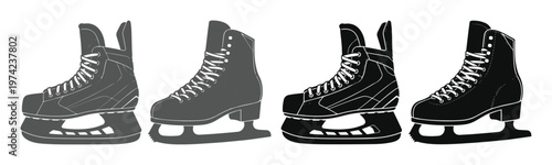 Ice hockey skates and figure skates vector set, black and grey winter sports equipment icons, professional ice skating footwear collection