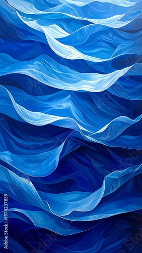 A vibrant abstract depiction of ocean waves in various blue hues
