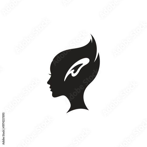 Black silhouette of fantasy female profile with pointy ears