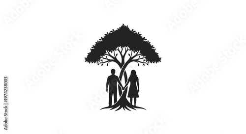 Couple holding hands under a tree silhouette and roots