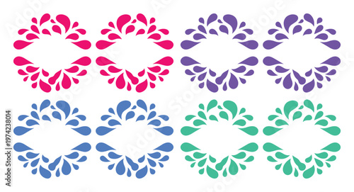 Abstract water splash frames in colorful vector set, circular liquid droplet borders, decorative splash elements for logo design and branding