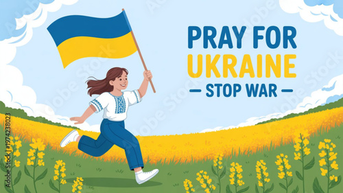 Young woman holding Ukrainian flag in a field of flowers concept of peace and support for Ukraine stop war message