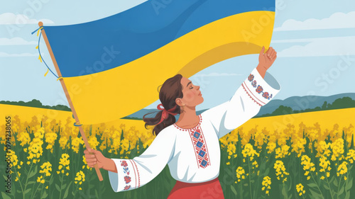 Woman in traditional Ukrainian clothing holding the national flag in a blooming field symbol of freedom and patriotism illustration