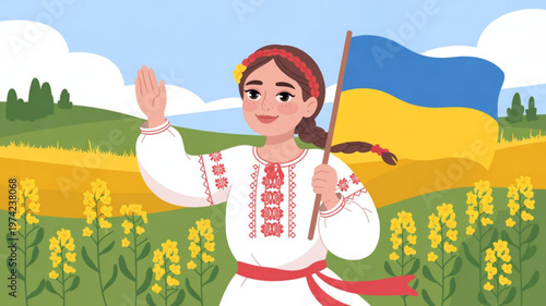 Ukrainian woman in traditional embroidered shirt holding national flag waving hello in a field of yellow flowers concept of patriotism and culture
