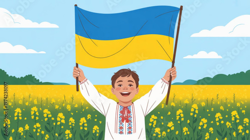 Joyful boy holding Ukrainian flag in blooming rapeseed field patriotic illustration for national holidays and events clear sky background