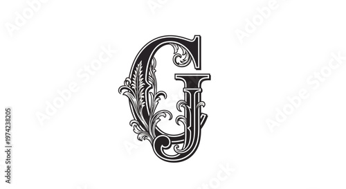 Elegant ornate letter G initial black and white design