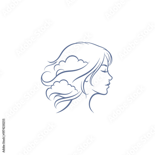 Elegant woman profile with flowing cloud hair line art
