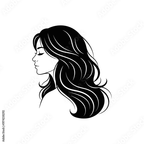 Elegant woman profile with long flowing black hair illustration