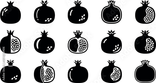 Black and white pomegranate in different views and sections fruit cutaway whole