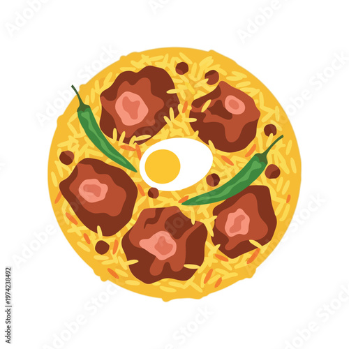 Traditional biryani vector illustration with egg, meat, and chili on white background
