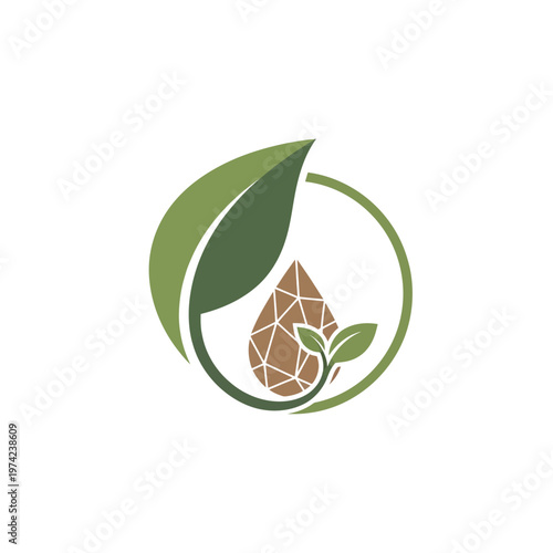 Green leaves with faceted brown drop in circle logo